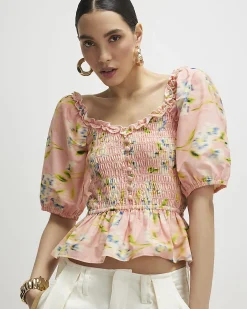 Pink Cotton Floral Puff Sleeve Shirred Top