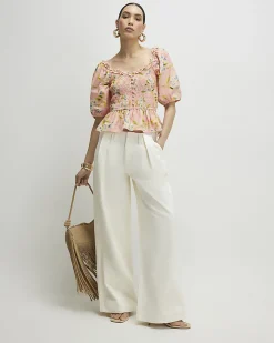 Pink Cotton Floral Puff Sleeve Shirred Top