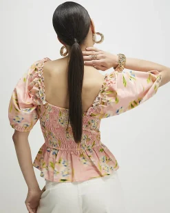Pink Cotton Floral Puff Sleeve Shirred Top