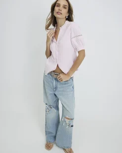 Pink Cotton Frill Collar Short Sleeve Blouse