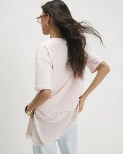 Pink Cotton Lace Hem Asymmetric T-shirt