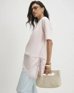 Pink Cotton Lace Hem Asymmetric T-shirt