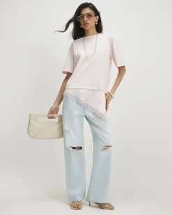 Pink Cotton Lace Hem Asymmetric T-shirt