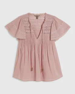 Pink Cotton Ruffle Sleeve Lace Blouse