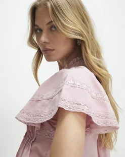Pink Cotton Ruffle Sleeve Lace Blouse