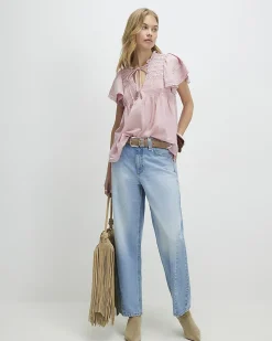 Pink Cotton Ruffle Sleeve Lace Blouse