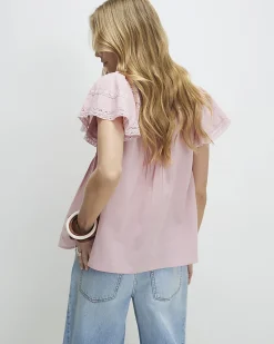 Pink Cotton Ruffle Sleeve Lace Blouse