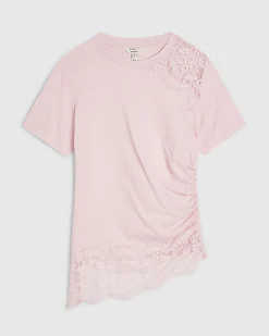 Pink Cotton Short Sleeve Lace Aysmmetric Top