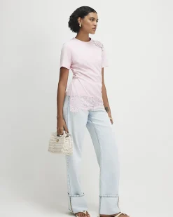 Pink Cotton Short Sleeve Lace Aysmmetric Top
