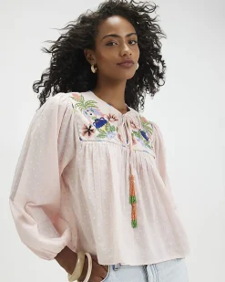 Pink Cotton Tropical Embroidered Smock Blouse