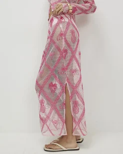 Pink Crochet Embroidered Beach Maxi Skirt