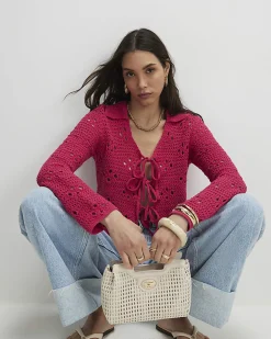 Pink Crochet Tie Front Cardigan