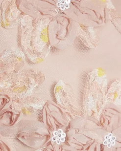 Pink 3D Floral Textured Puff Sleeve Top