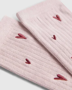 Pink Embroidered Heart Socks