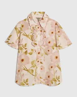 Pink Floral Angel Sleeve Scallop Trim Top