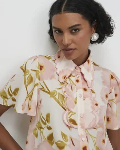 Pink Floral Angel Sleeve Scallop Trim Top