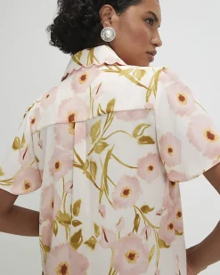 Pink Floral Angel Sleeve Scallop Trim Top