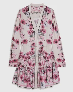Pink Floral Long Sleeve Mini Shirt Dress
