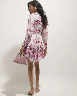Pink Floral Long Sleeve Mini Shirt Dress
