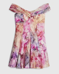 Pink Floral Print Bardot Mini Dress