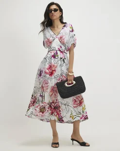 Pink Floral Printed Puff Sleeve Midi Dress