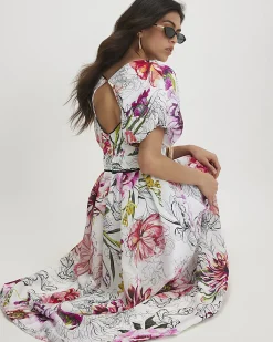 Pink Floral Printed Puff Sleeve Midi Dress