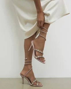Pink Flower Embellished Wrap Heeled Sandals