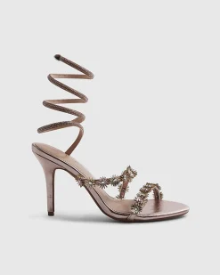 Pink Flower Embellished Wrap Heeled Sandals