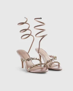 Pink Flower Embellished Wrap Heeled Sandals