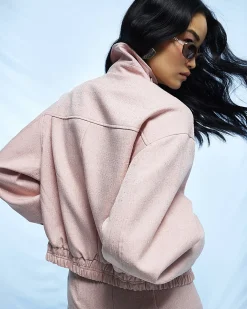 Pink Funnel Neck Bubble Hem Bomber Jacket