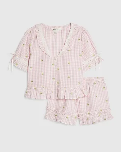 Pink Gingham Daisy Print Pyjama Set