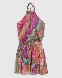 Pink Halter Shirred Waist Mini Dress