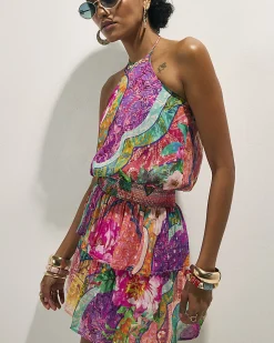 Pink Halter Shirred Waist Mini Dress