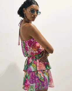 Pink Halter Shirred Waist Mini Dress