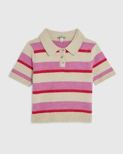 Pink Knit Striped Short Sleeve Polo Top