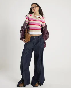 Pink Knit Striped Short Sleeve Polo Top