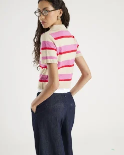 Pink Knit Striped Short Sleeve Polo Top