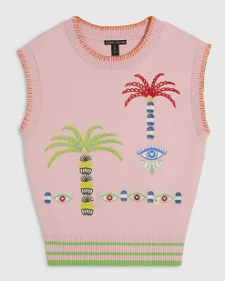 Pink Knitted Palm Tree Embroidered Tank Top