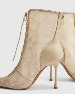 Pink Lace Pointed Toe Heeled Ankle Boots