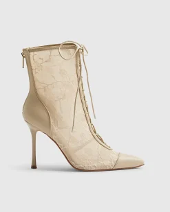 Pink Lace Pointed Toe Heeled Ankle Boots