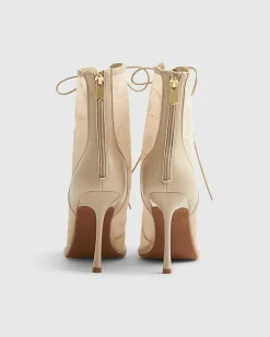Pink Lace Pointed Toe Heeled Ankle Boots