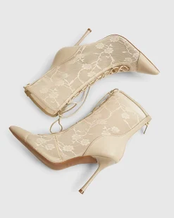 Pink Lace Pointed Toe Heeled Ankle Boots