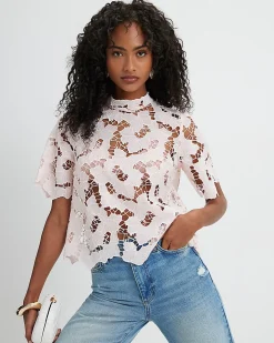 Pink Lace Short Sleeve Blouse