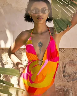 Pink Leaf Print Swimsuit