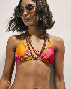 Pink Leaf Print Triangle Bikini Top