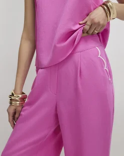 Pink Linen Blend Scallop Wide Leg Trousers