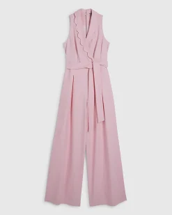 Pink Linen Blend Scallop Belted Jumpsuit