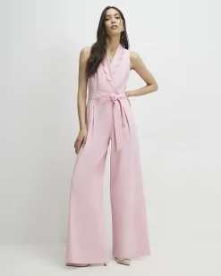 Pink Linen Blend Scallop Belted Jumpsuit