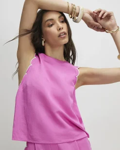 Pink Linen Blend Scallop Trim Tank Top