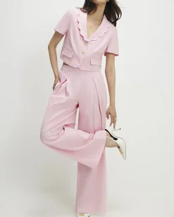 Pink Linen Blend Scalloped Wide Leg Trousers